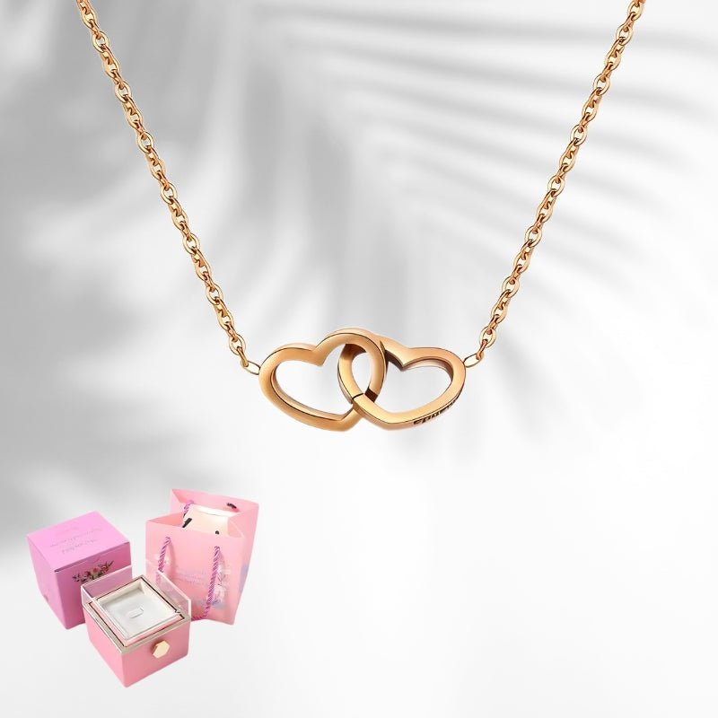 Whispering Hearts Necklace, Rose Gold with Pink Box