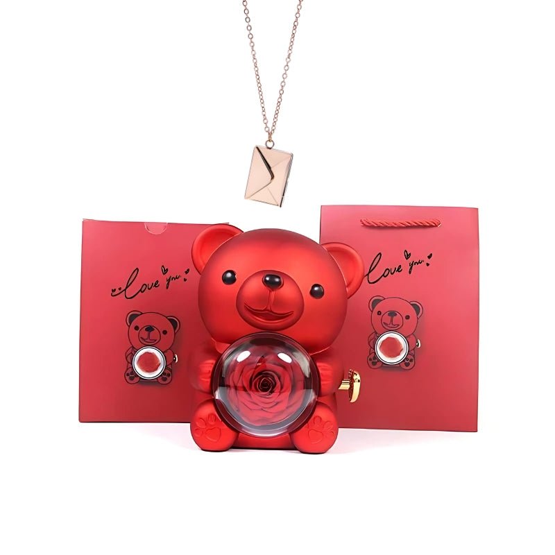 Whispering Love Note Necklace, rose gold with red bear and red box