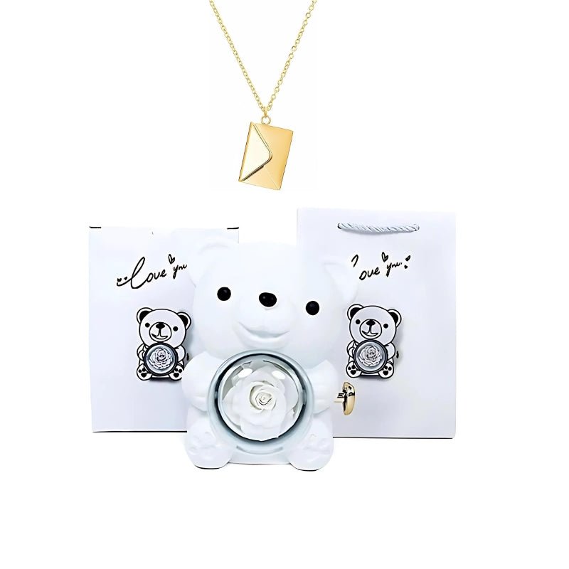 Whispering Love Note Necklace, gold with white bear and white box