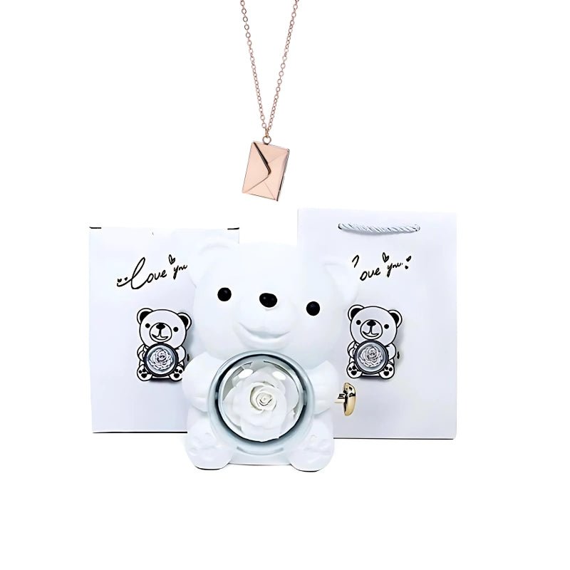 Whispering Love Note Necklace, rose gold with white bear and white box