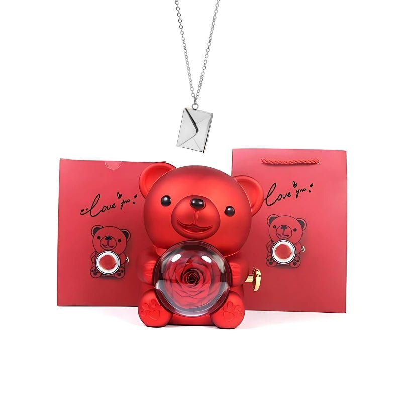 Whispering Love Note Necklace, silver with red bear and red box