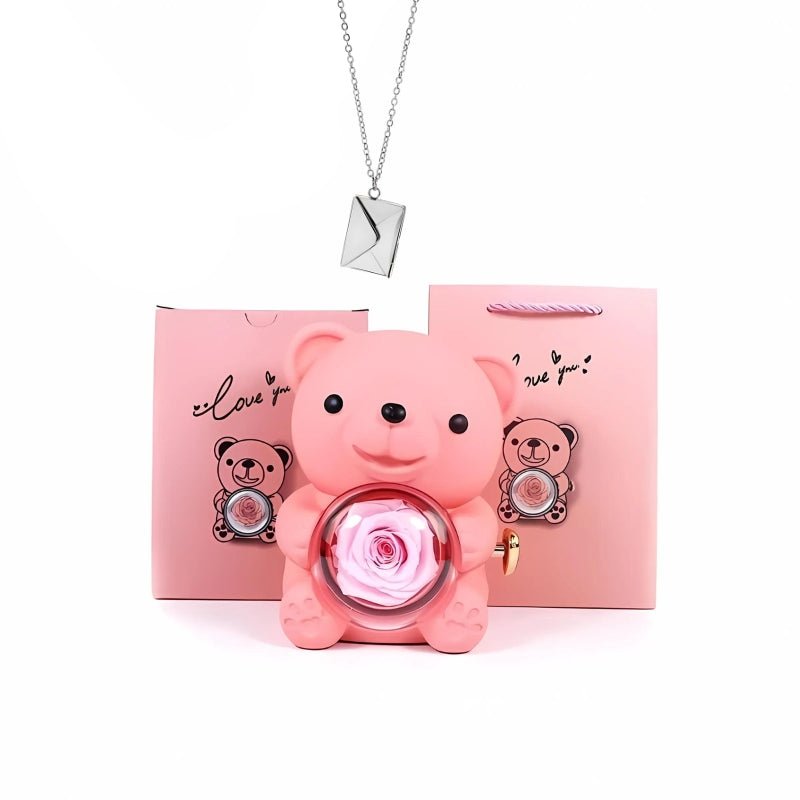 Whispering Love Note Necklace, silver with pink bear and pink box