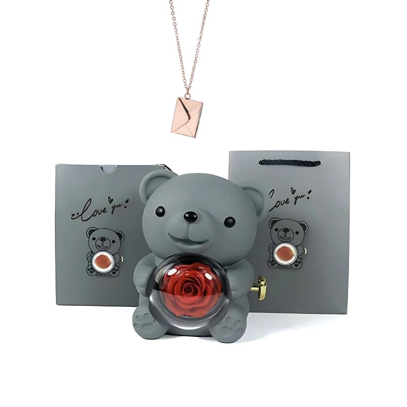 Whispering Love Note Necklace, rose gold with gray bear and gray box