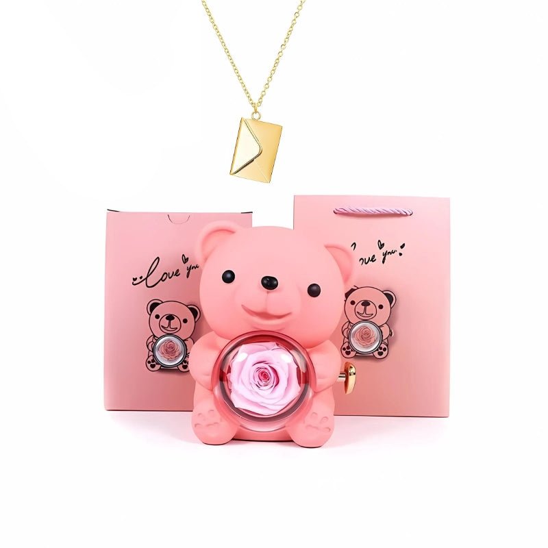 Whispering Love Note Necklace, gold with pink bear and pink box