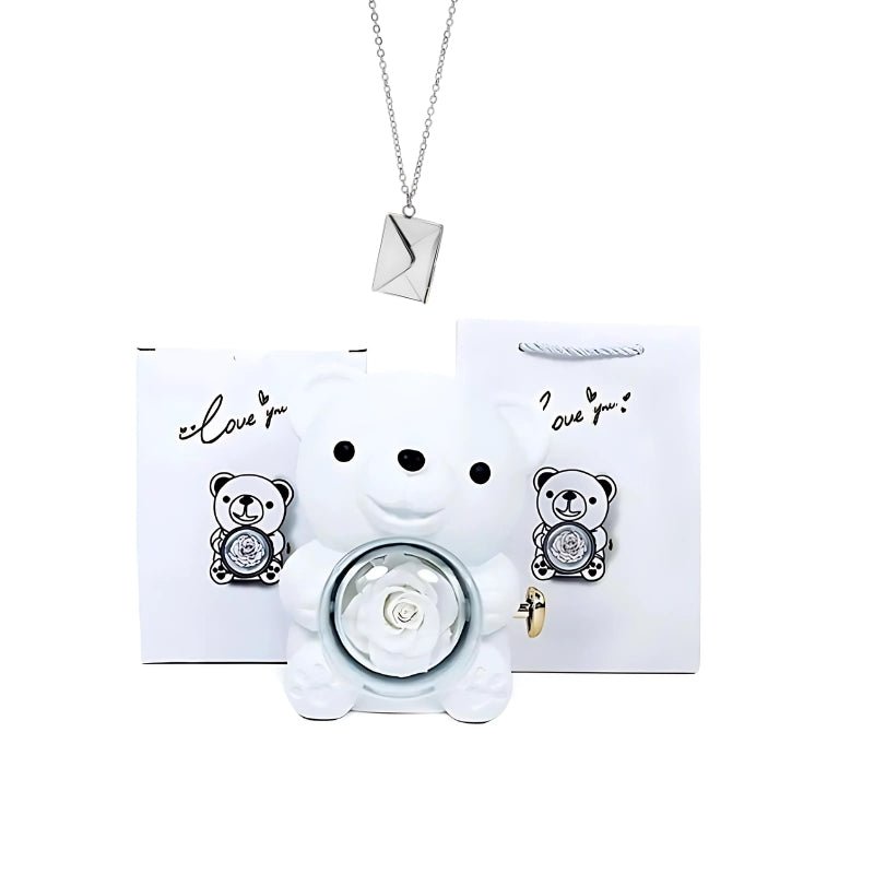 Whispering Love Note Necklace, silver with white bear and white box