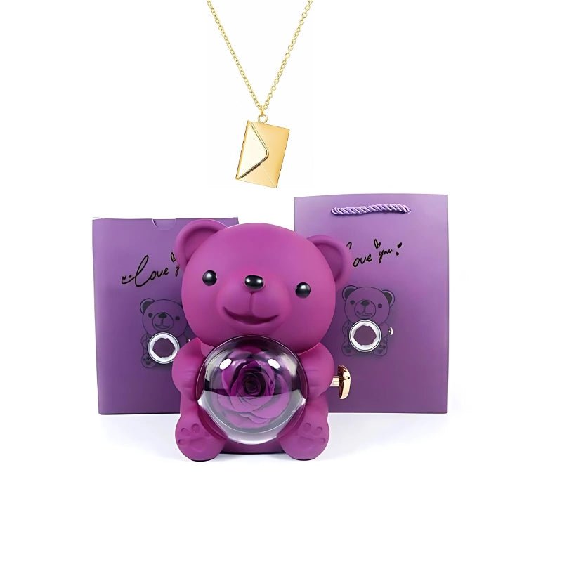 Whispering Love Note Necklace, gold with purple bear and purple box