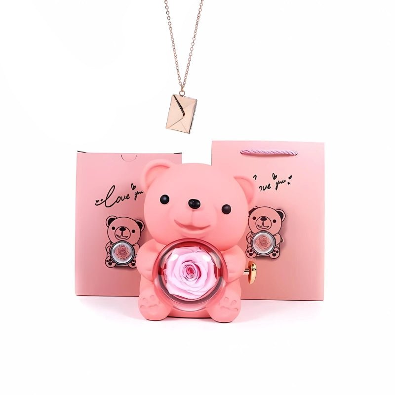 Whispering Love Note Necklace, rose gold with pink bear and pink box