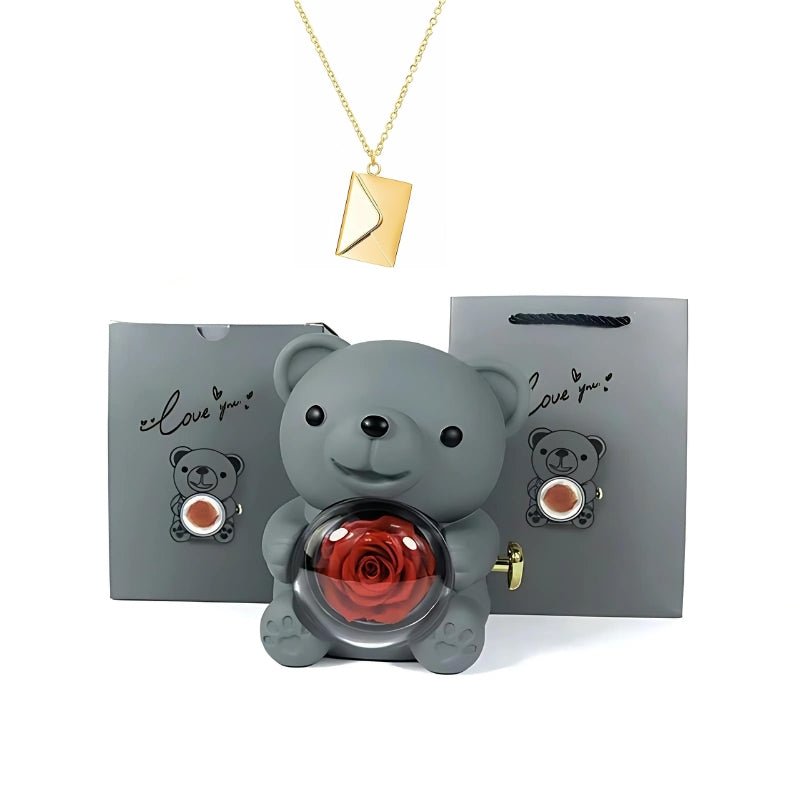 Whispering Love Note Necklace, gold with gray bear and gray box